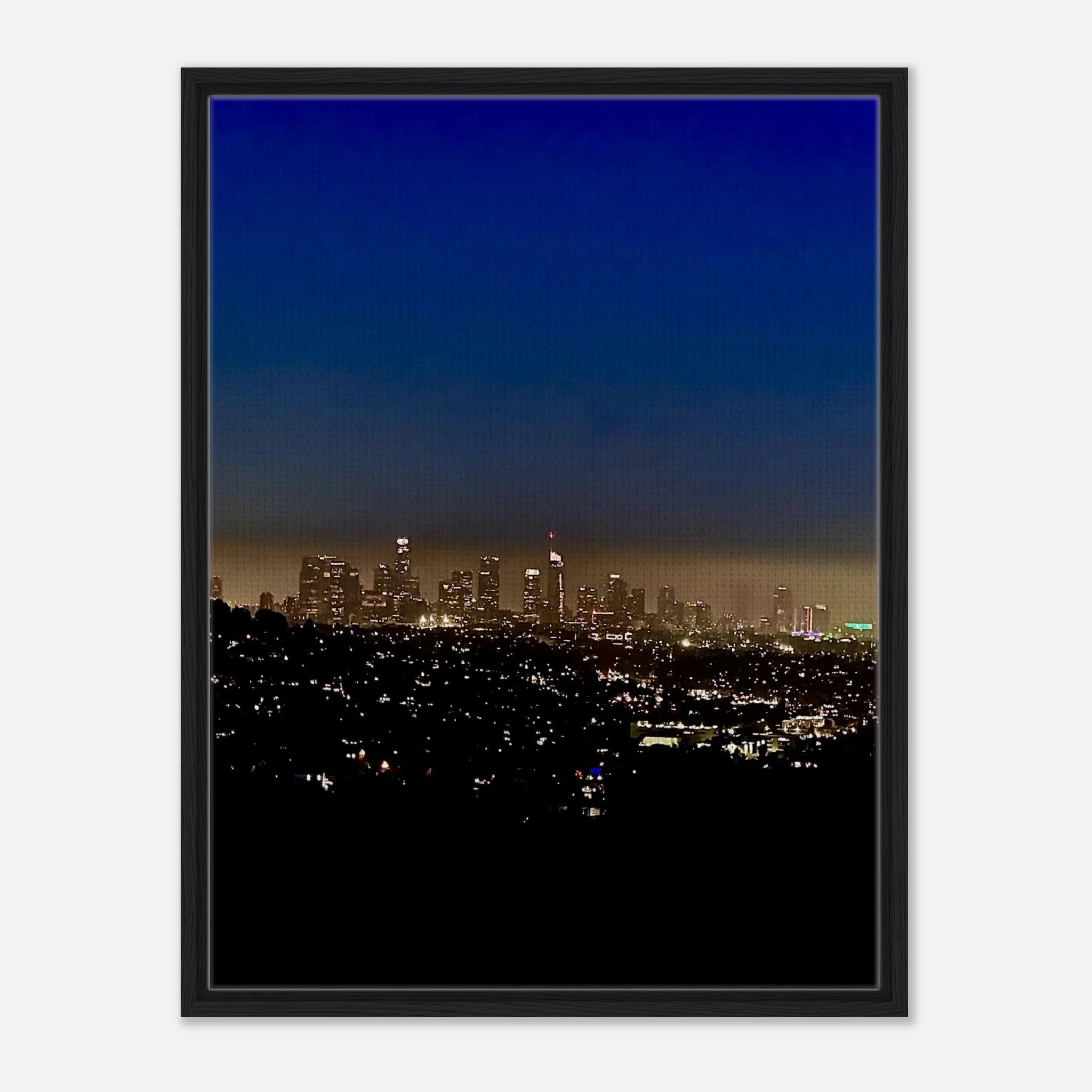 Premium wooden framed canvas print of Los Angeles Downtown Nightglow, elegant California wall art with vibrant night scene.
