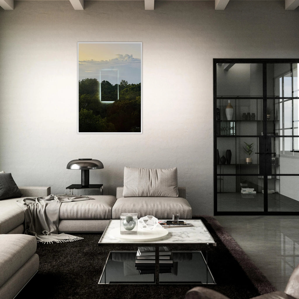 Color print titled "A Window into Jungle Stillness" by CaliCuration, showcasing a serene jungle scene in an exclusive edition of 5.