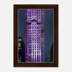 Framed canvas print of NYC holiday skyline in purple hues from the Travel Collection, Studio Edition, showcasing vibrant cityscape art.