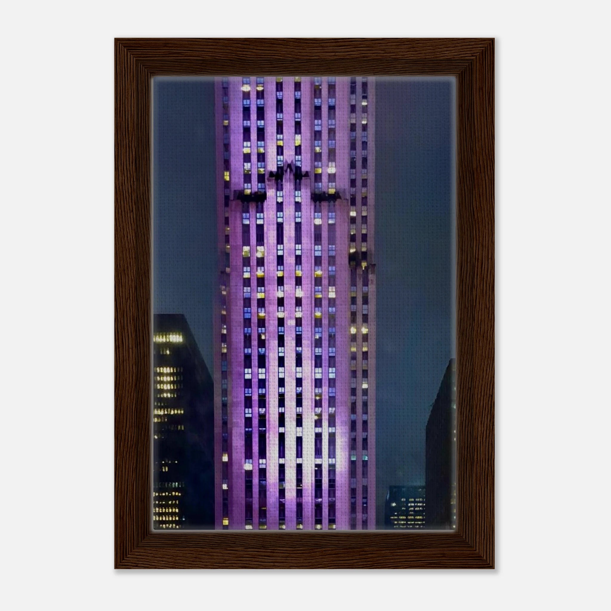 Framed canvas print of NYC holiday skyline in purple hues, part of Studio Edition Travel Collection, showcasing iconic cityscape.