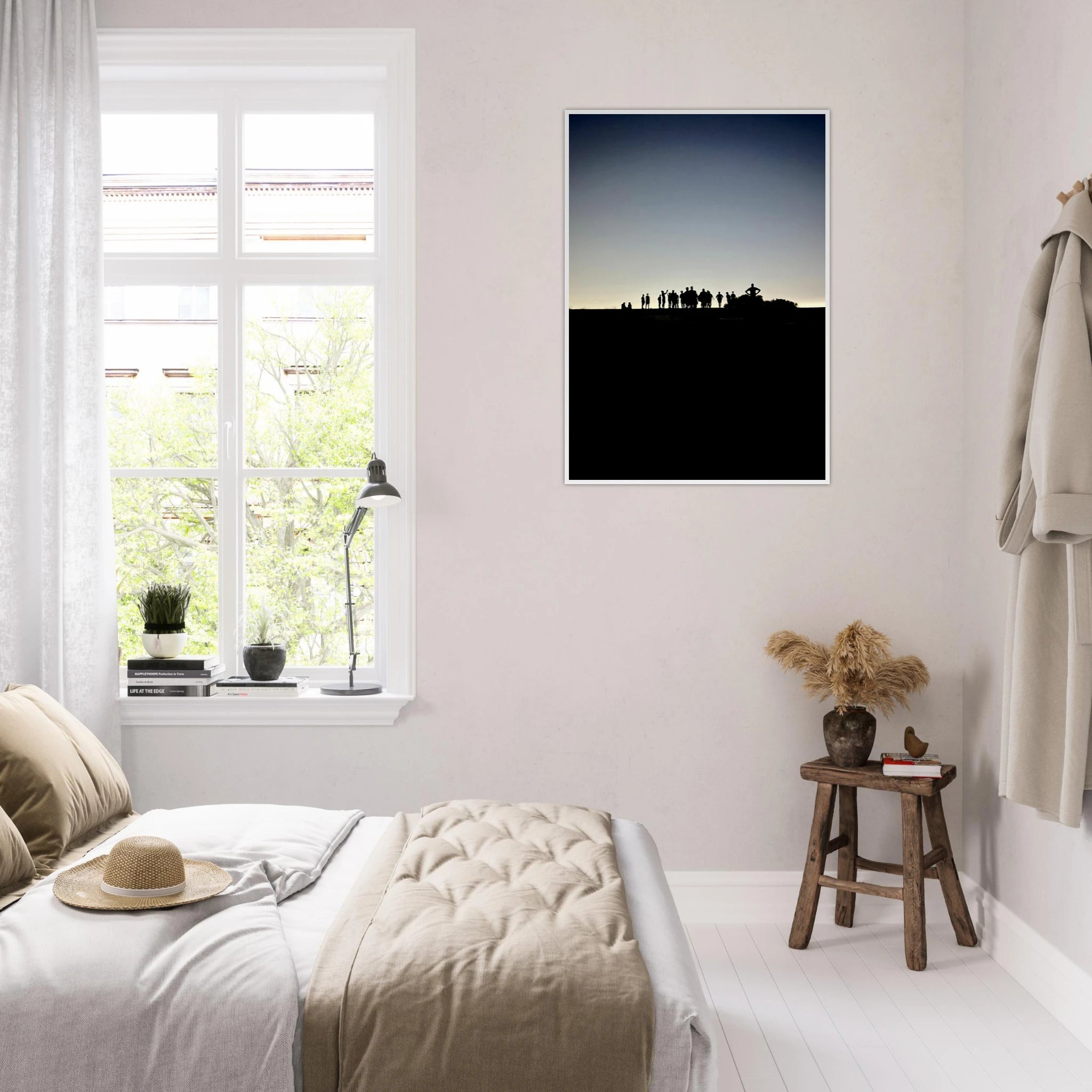 Black and white framed poster of Hollywood Hills and city lights, featuring California scenery from the Summer Hike series.