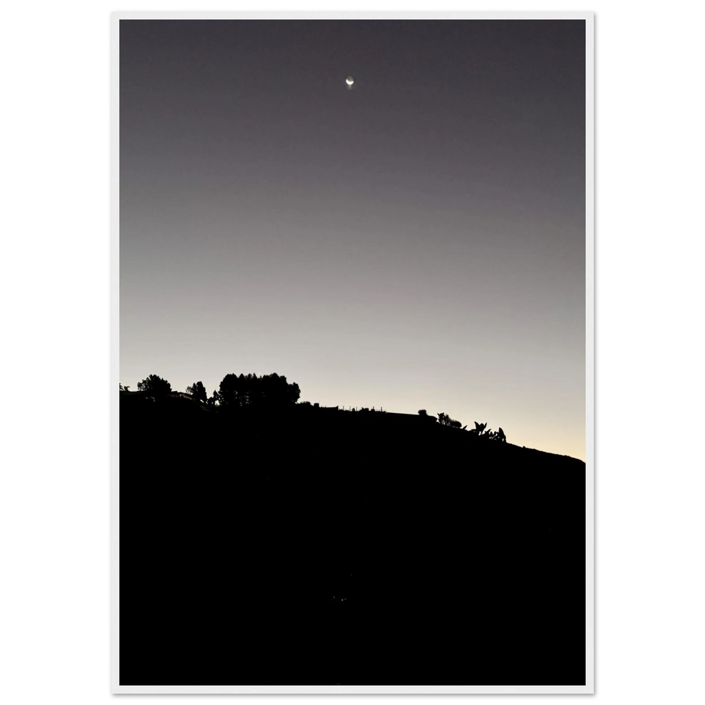 Wooden framed semi-glossy black and white Hollywood Hills poster from the Fall New Moon California series, studio edition print.