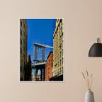 NYC Dumbo skyline wooden framed print by CaliCuration, spring day travel wall art, showcasing cityscape on high-quality print material