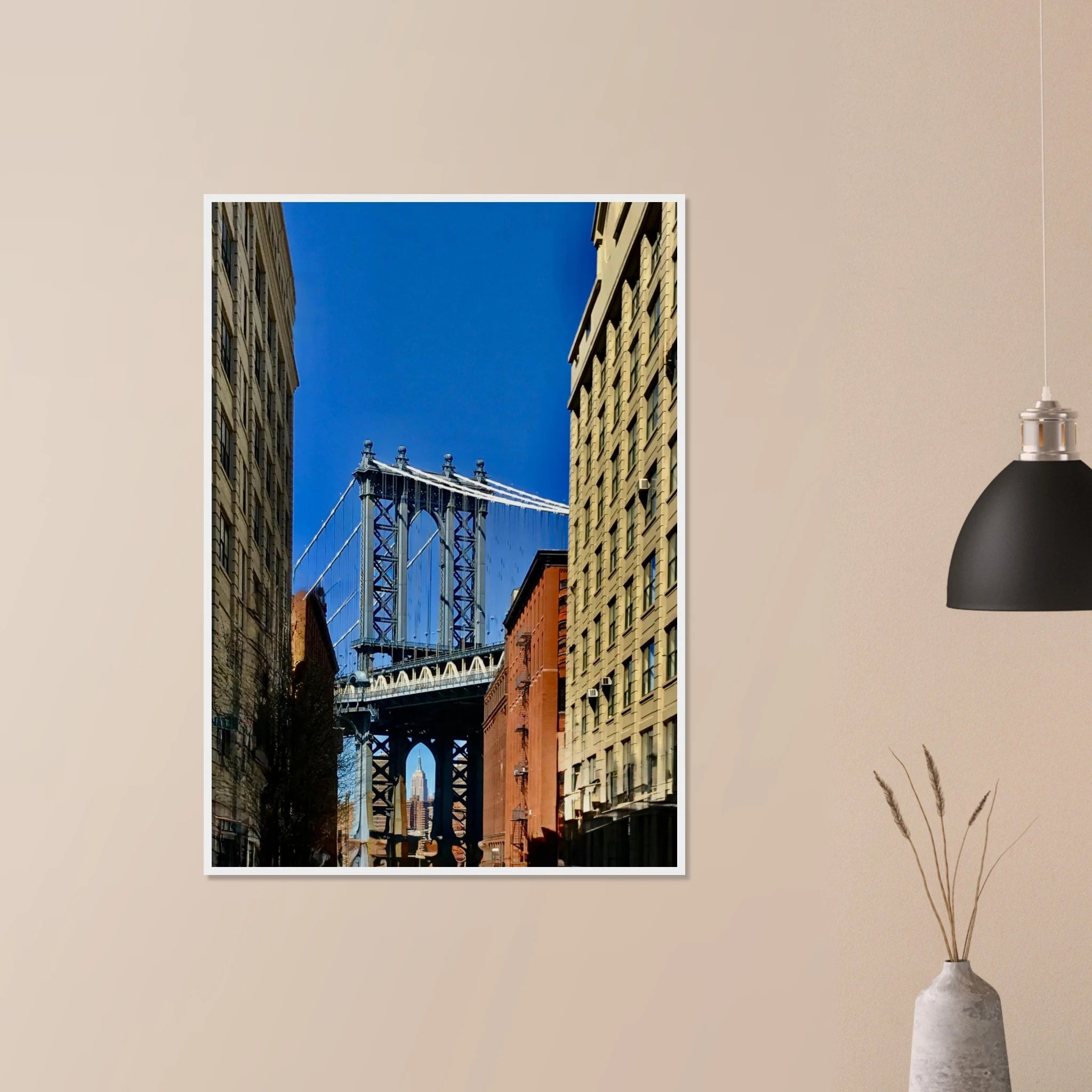 NYC Dumbo skyline wooden framed print by CaliCuration, spring day travel wall art, showcasing cityscape on high-quality print material