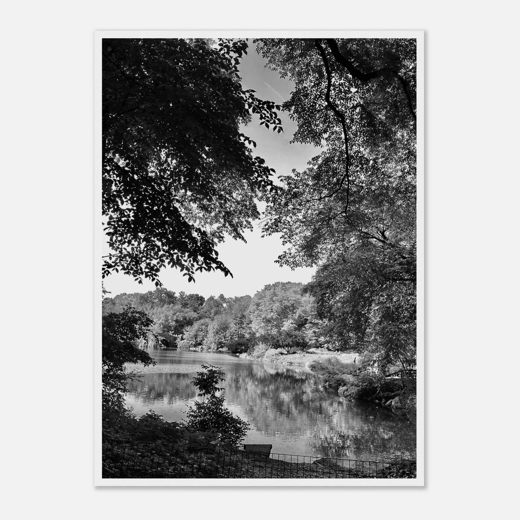 Black and white framed print of Upstate NY summer lake scene from the Studio Edition Travel Collection, ideal for home decor.