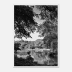 Black and white framed print of Upstate NY summer lake scene from the Studio Edition Travel Collection, ideal for home decor.