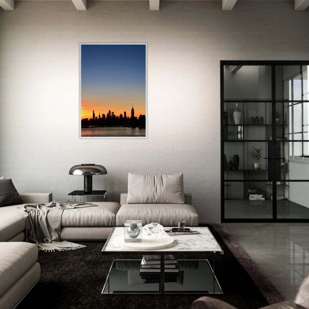 Premium wooden framed Manhattan Skyline sunset poster from the Travel Collection, showcasing vibrant cityscape wall art for home décor.