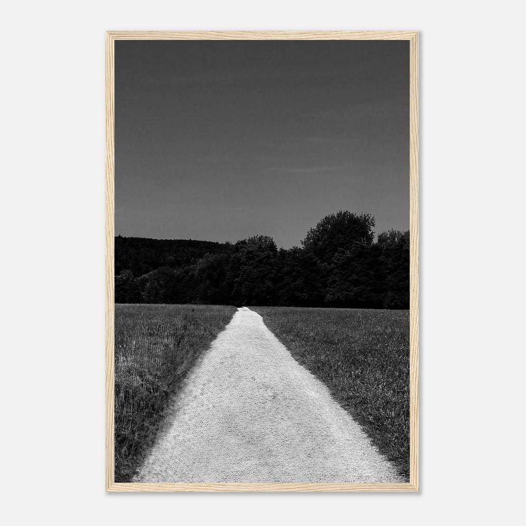 Black and white framed poster of a summer road scene from the Travel Collection, printed on premium semi-glossy paper.