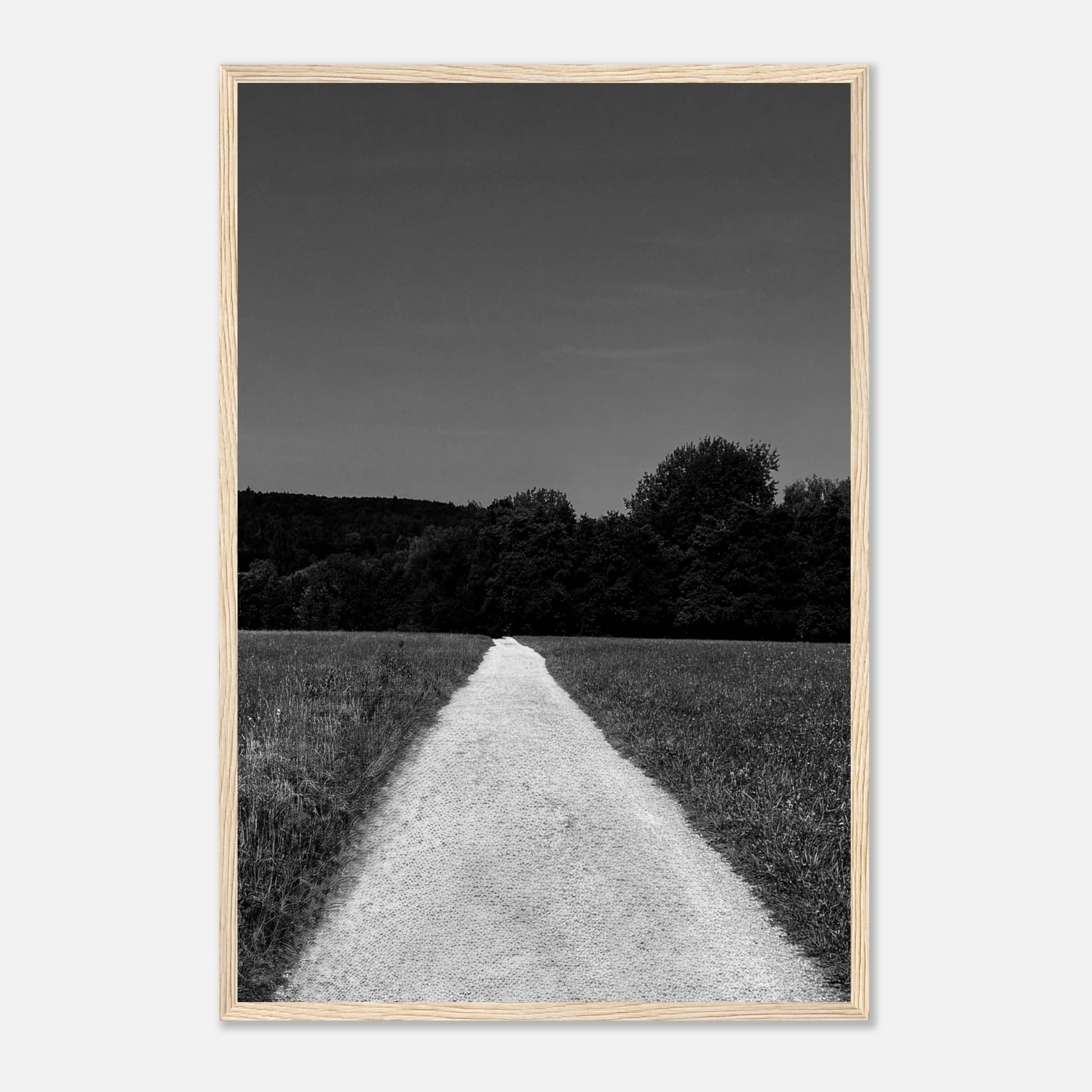Black and white framed poster of a summer road scene from the Travel Collection, printed on premium semi-glossy paper.