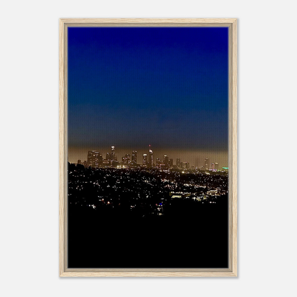 Premium wooden framed canvas print of Los Angeles Downtown Nightglow, elegant wall art from My Store’s California Canvas series.