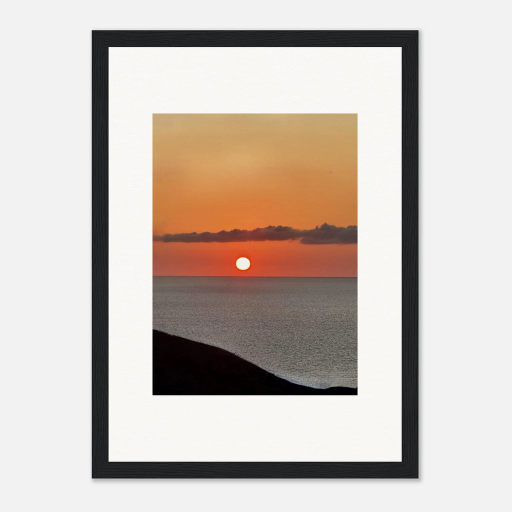 Mediterranean sunset framed poster featuring vibrant travel wall art with scenic coastal views and colorful skies, ideal for home decor.