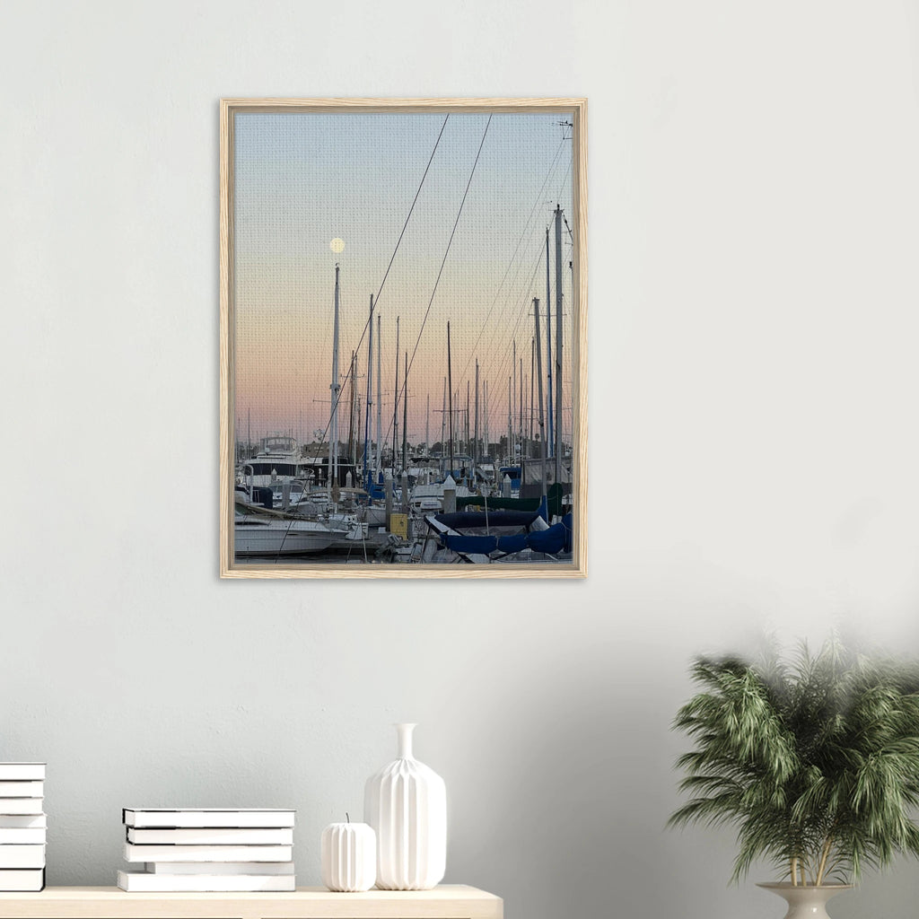 Framed canvas print of Marina Del Rey summer evening with nautical themes and chic tones, California Canvas Studio Edition.