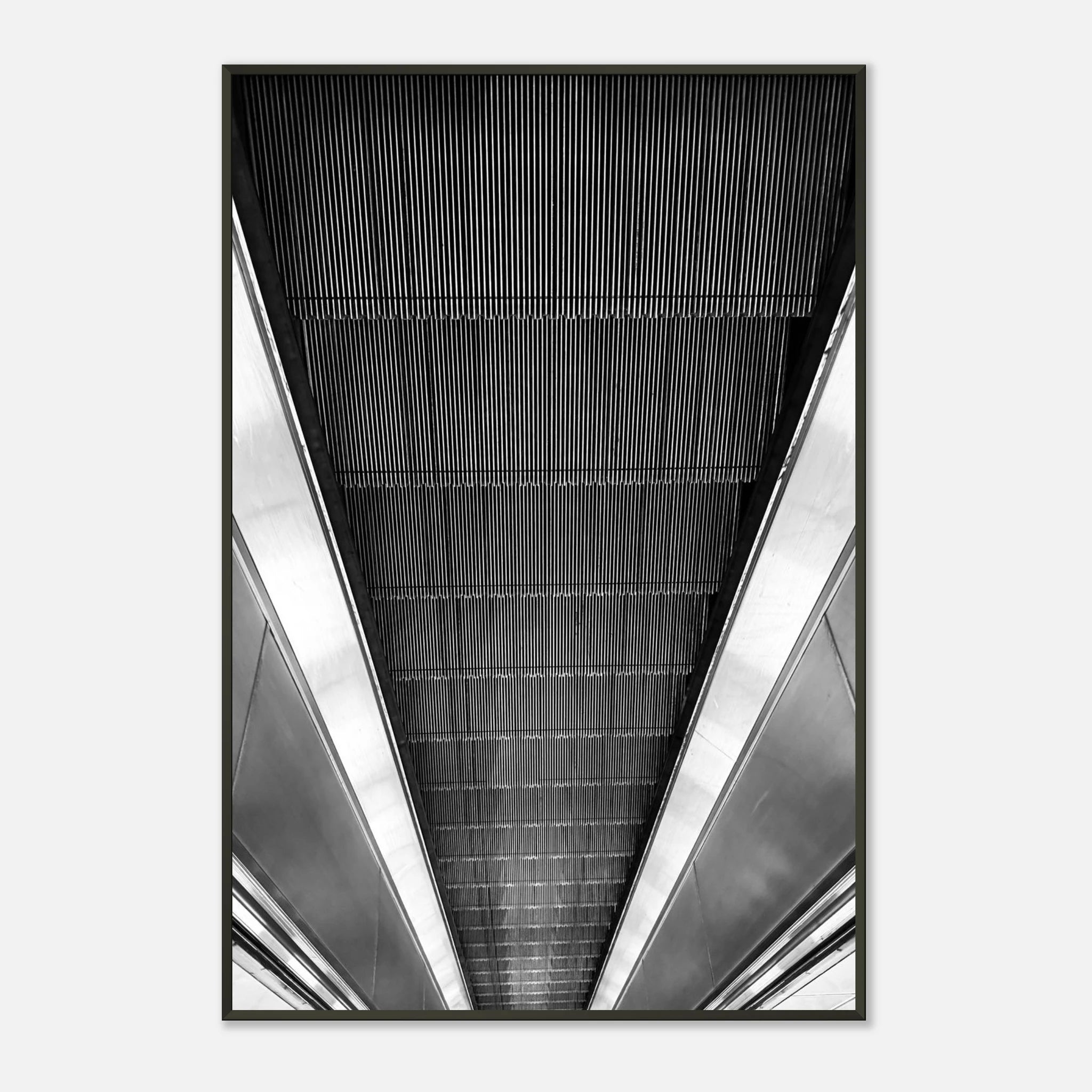 Black and white framed print of London Tube escalator abstract artwork from the Travel Collection by My Store.