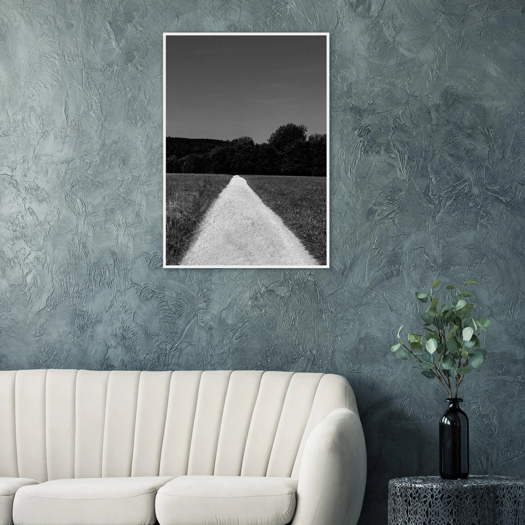 Black and white wooden framed poster of a summer road scene from the Travel Collection, printed on semi-glossy paper.