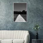 Black and white wooden framed poster of a summer road scene from the Travel Collection, printed on semi-glossy paper.