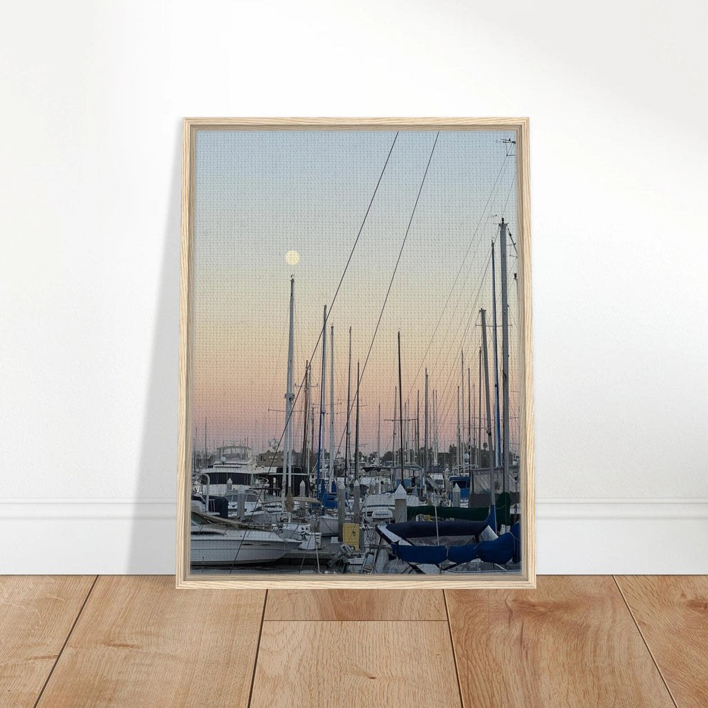 Framed canvas art print of a summer evening marina scene in California with nautical and chic tones, by My Store Studio Edition.