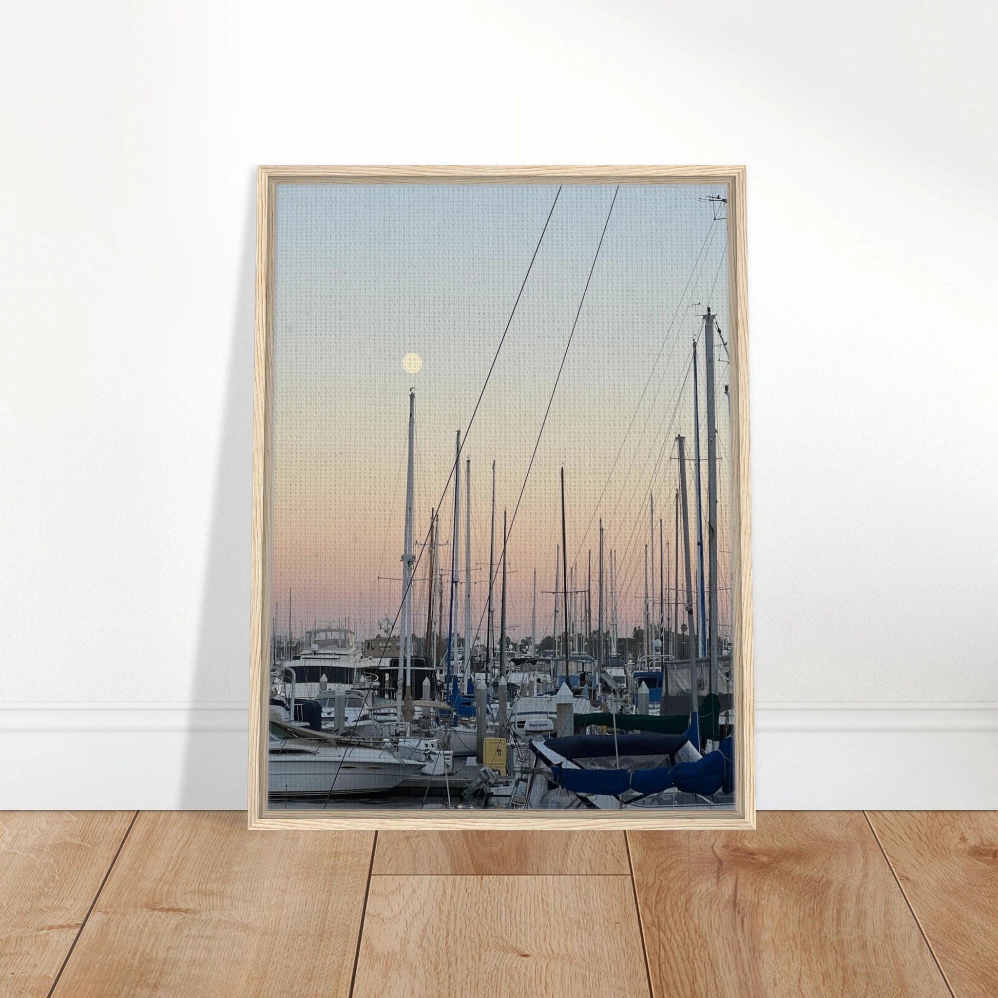 Framed canvas art print of a summer evening marina scene in California with nautical and chic tones, by My Store Studio Edition.