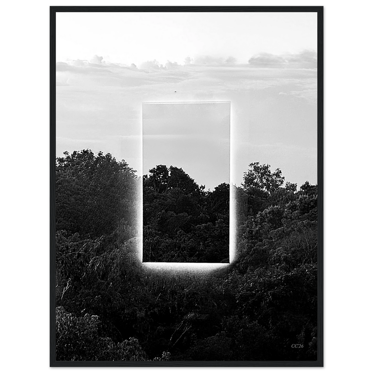 Black and white print titled "A Window into Jungle Stillness" by CaliCuration, showcasing a serene jungle scene with dense foliage.