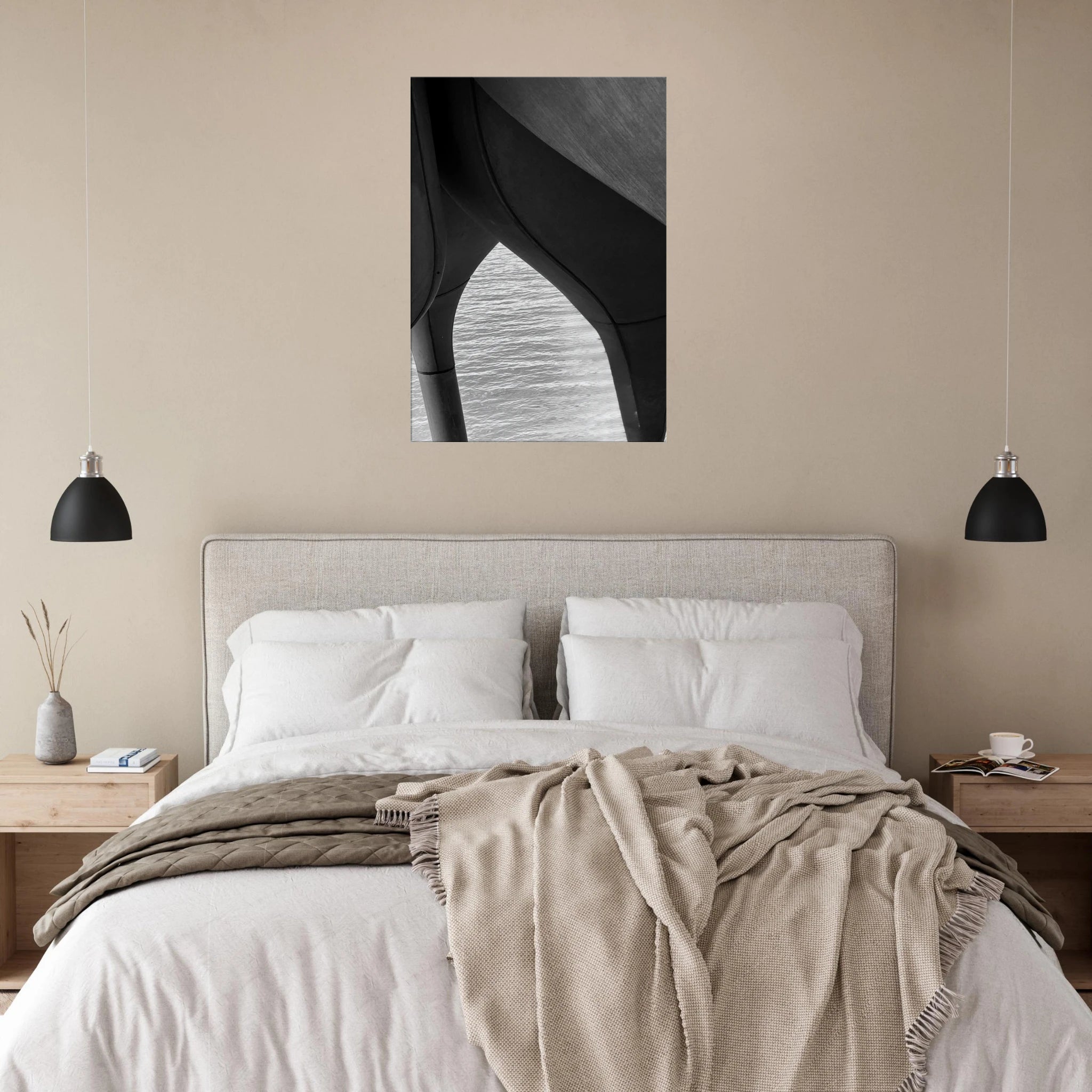 Black and white abstract canvas print of NYC Hudson River pier with high heels in water, part of Studio Edition Travel Collection.