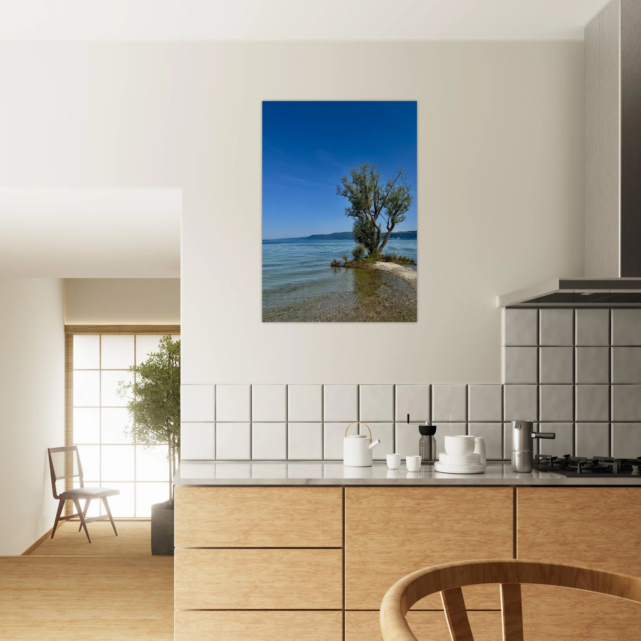 Majestic tree on European lake aluminum print, nature-inspired wall art from the Travel Collection, Studio Edition, by My Store.