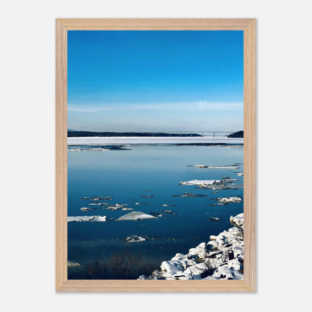 Premium wooden framed Hudson Valley winter poster print with snowy landscape, showcasing a chic travel collection design.