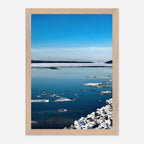 Premium wooden framed Hudson Valley winter poster print with snowy landscape, showcasing a chic travel collection design.