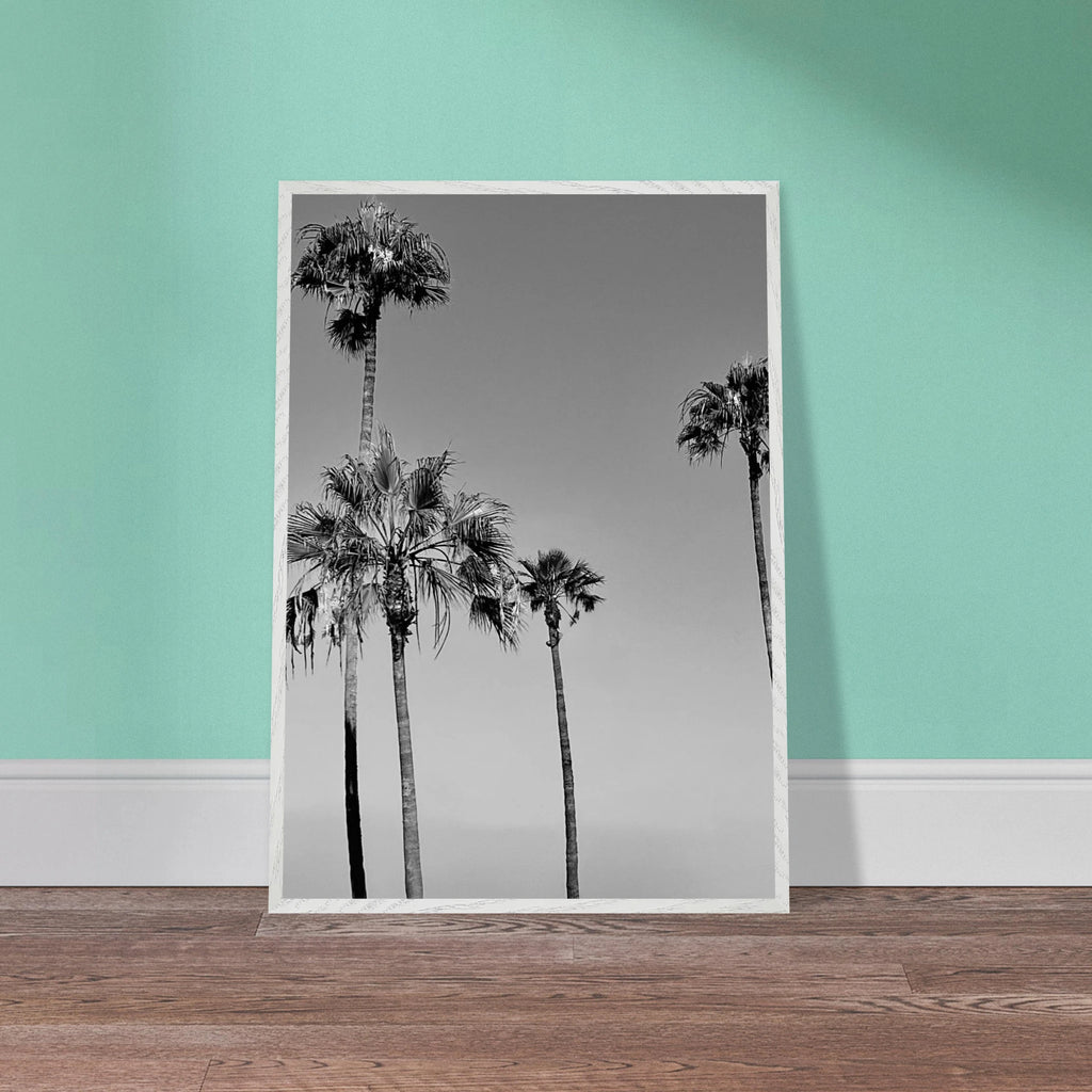 Black and white California beach icons poster in a premium wooden frame, part of the Studio Edition Holiday 25 series.