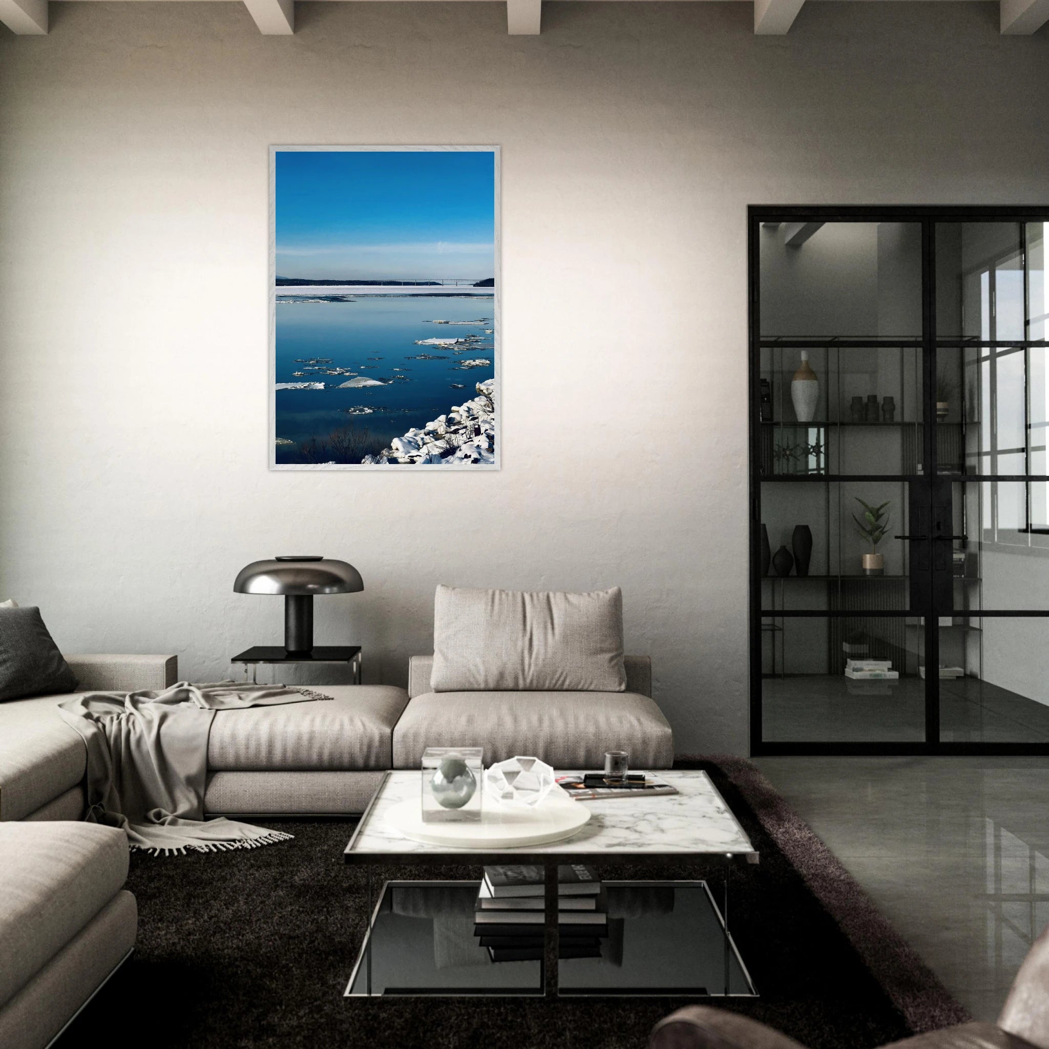 Wooden framed Hudson Valley Winter poster print with snowy landscape, part of Studio Edition Travel Collection, holiday-themed decor.