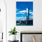 Framed NYC Manhattan Bridge and East River urban photography print, showcasing iconic New York City skyline and bridge details.