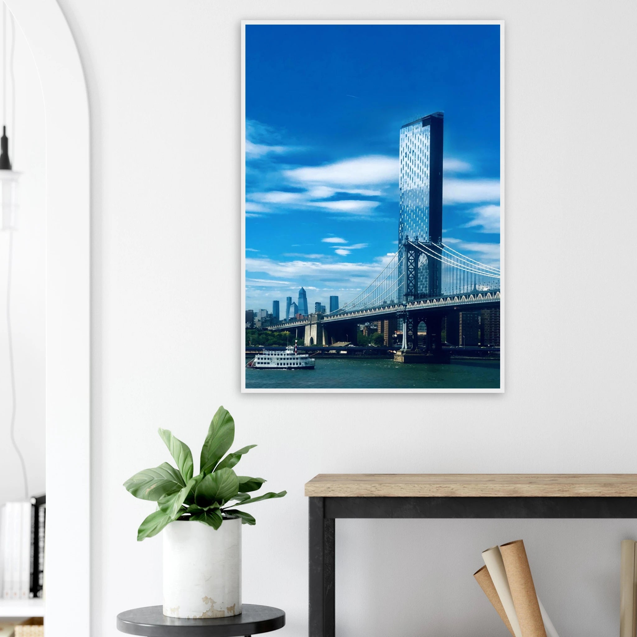 Framed NYC Manhattan Bridge and East River urban photography print, showcasing iconic New York City skyline and bridge details.