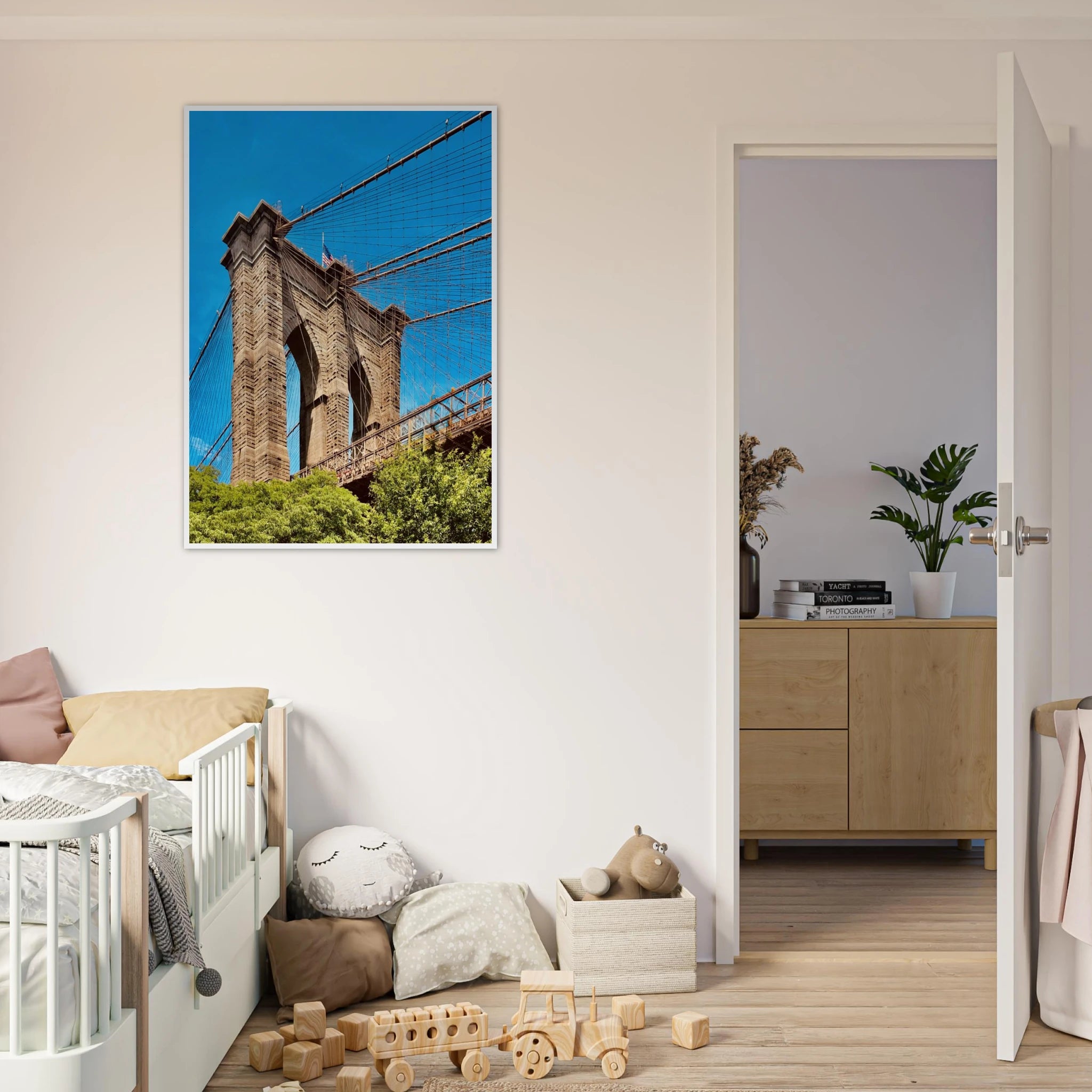Framed NYC Brooklyn Bridge poster featuring a Dumbo view, showcasing iconic New York City skyline and bridge with vibrant colors.