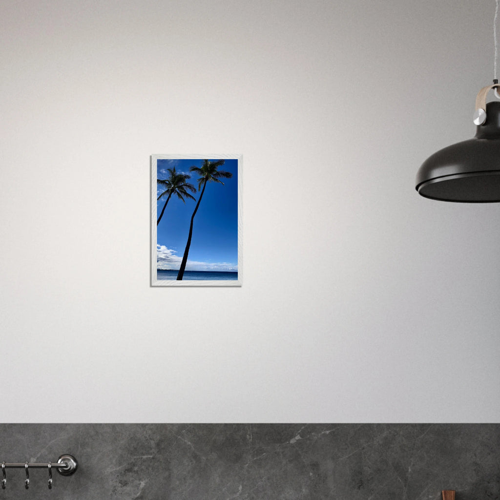 Framed print of Hawaii iconic palm tree twins and Pacific waves by CaliCuration, travel collection studio edition spring 2026.
