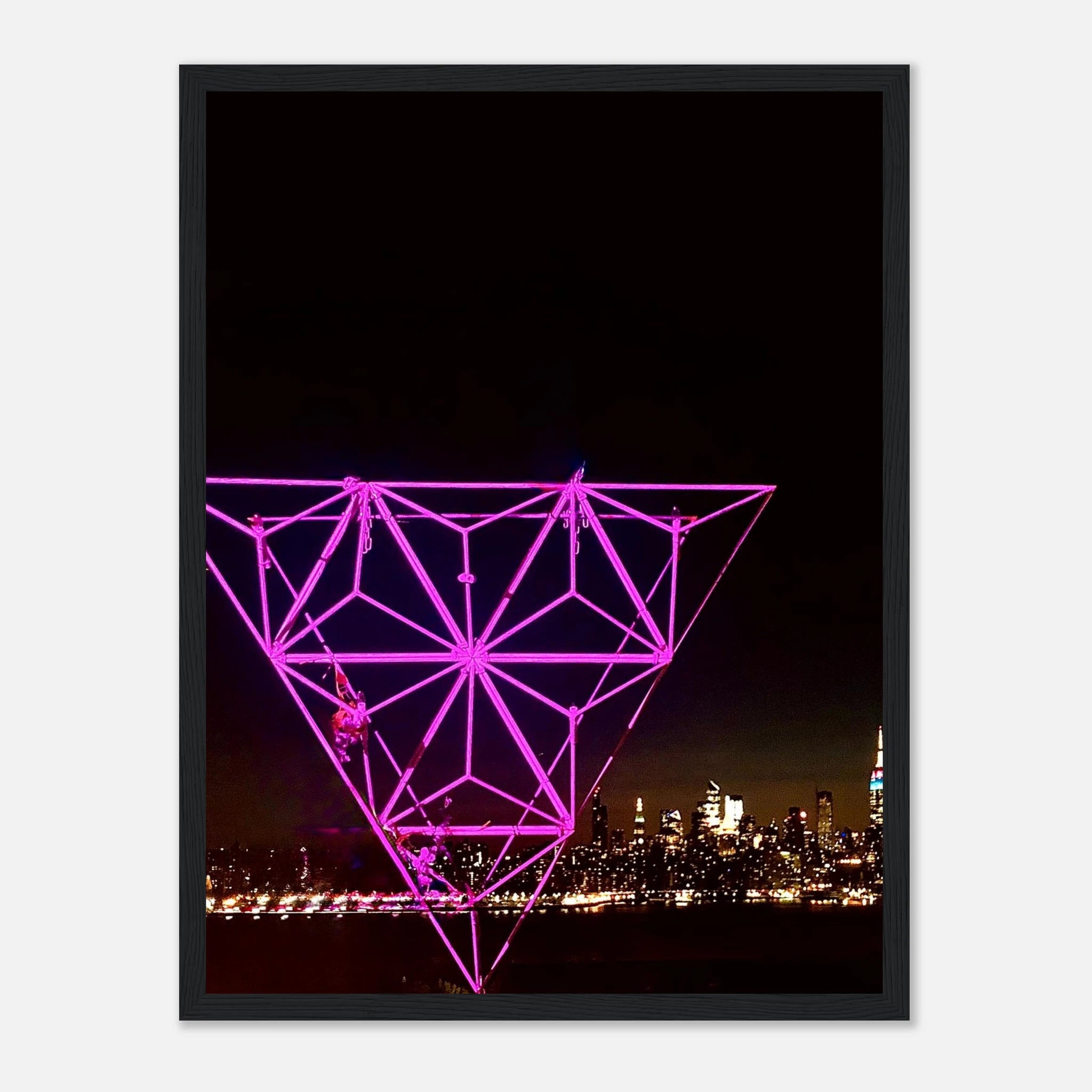 Framed print of New York City holiday art installation featuring Manhattan night view with Empire State Building, part of travel collection.