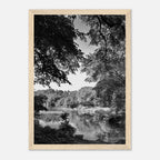 Black and white framed poster of a summer lake scene from Upstate NY, part of the Studio Edition Travel Collection.