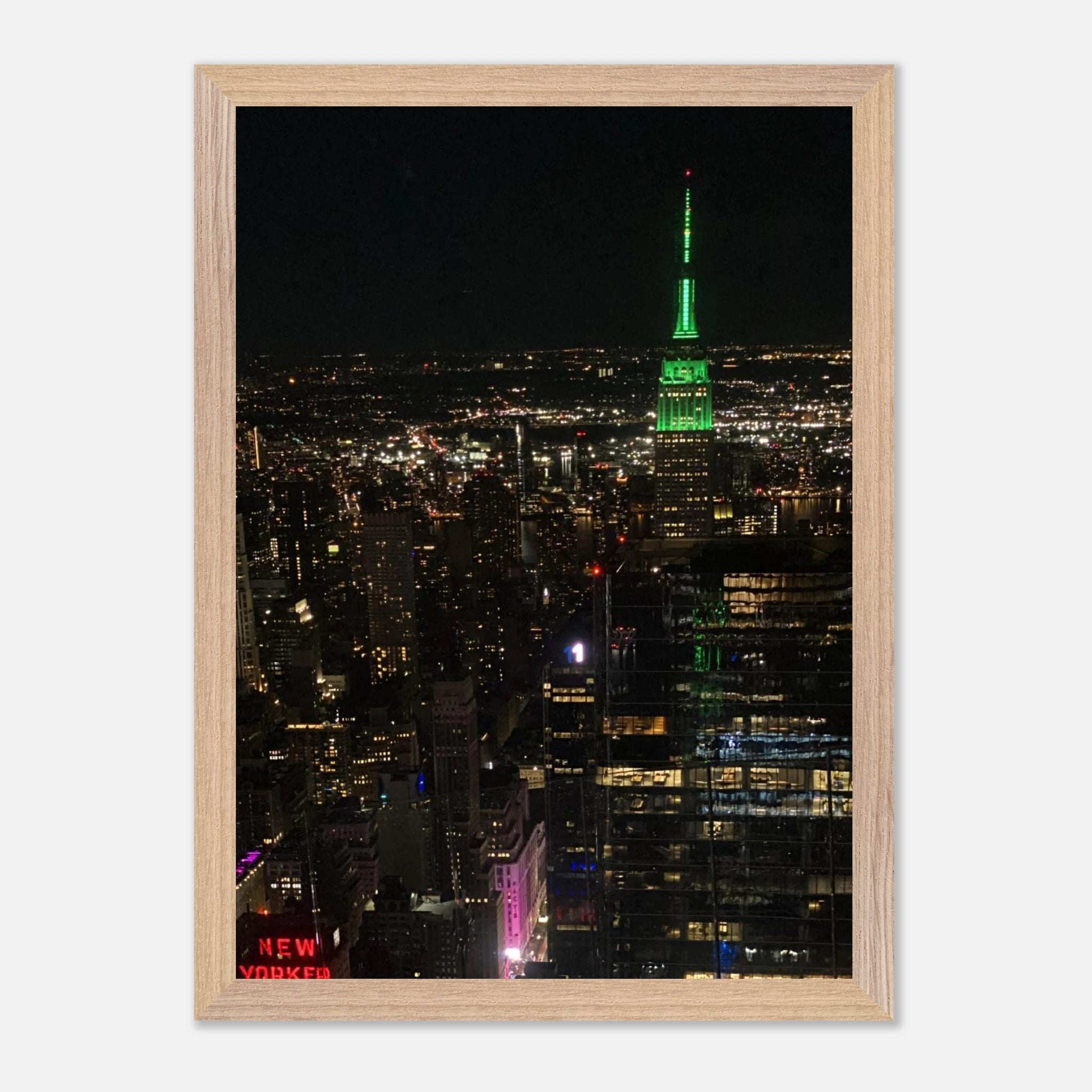 Wood-mounted framed print of NYC downtown night view with Empire State Building, part of the Travel Collection, Studio Edition.