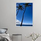 Framed Hawaii travel poster featuring iconic palm trees and Pacific waves, printed on high-quality material by CaliCuration.