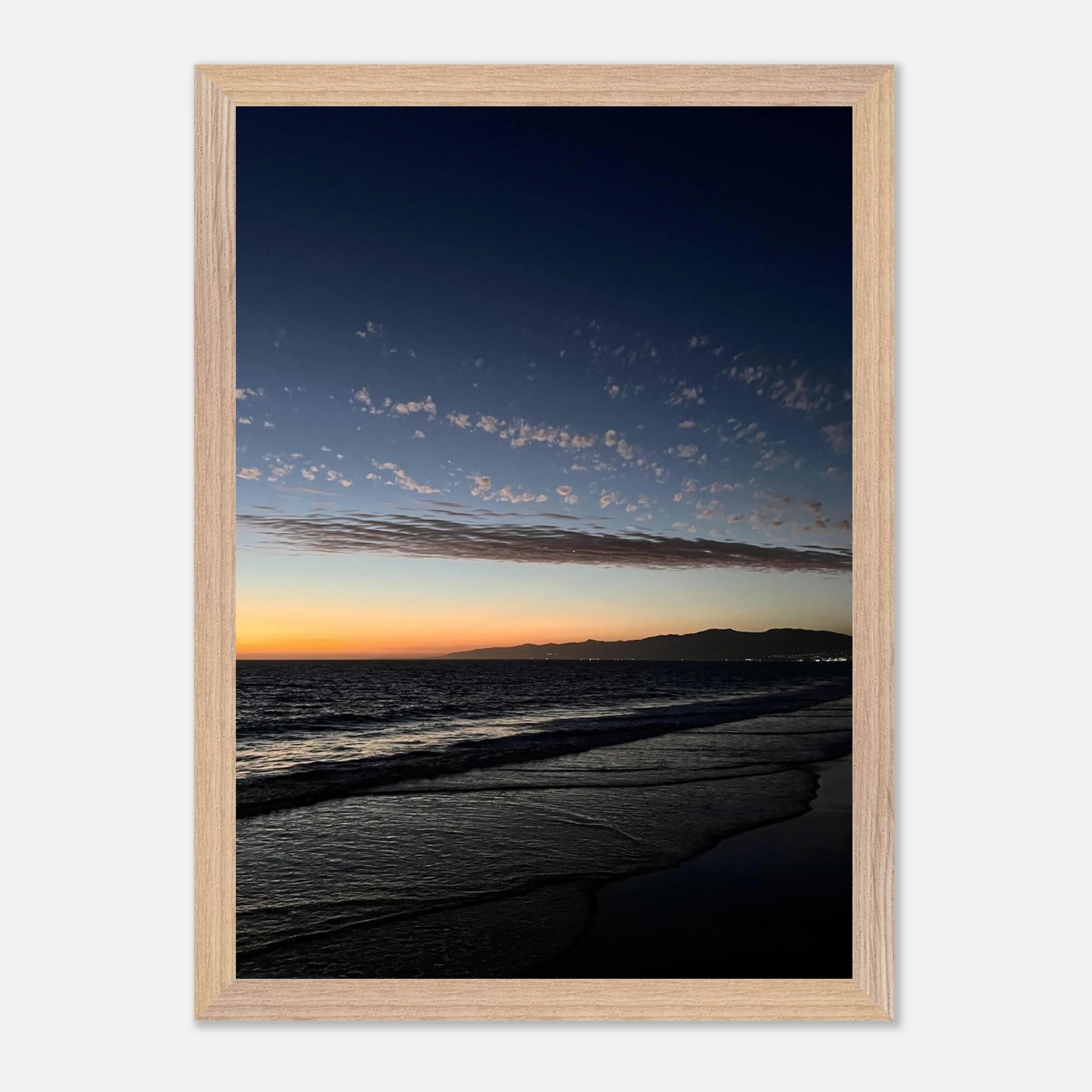 Premium wooden framed SoCal fall sunset poster with vibrant artwork, perfect for home decor, featuring California scenic art.