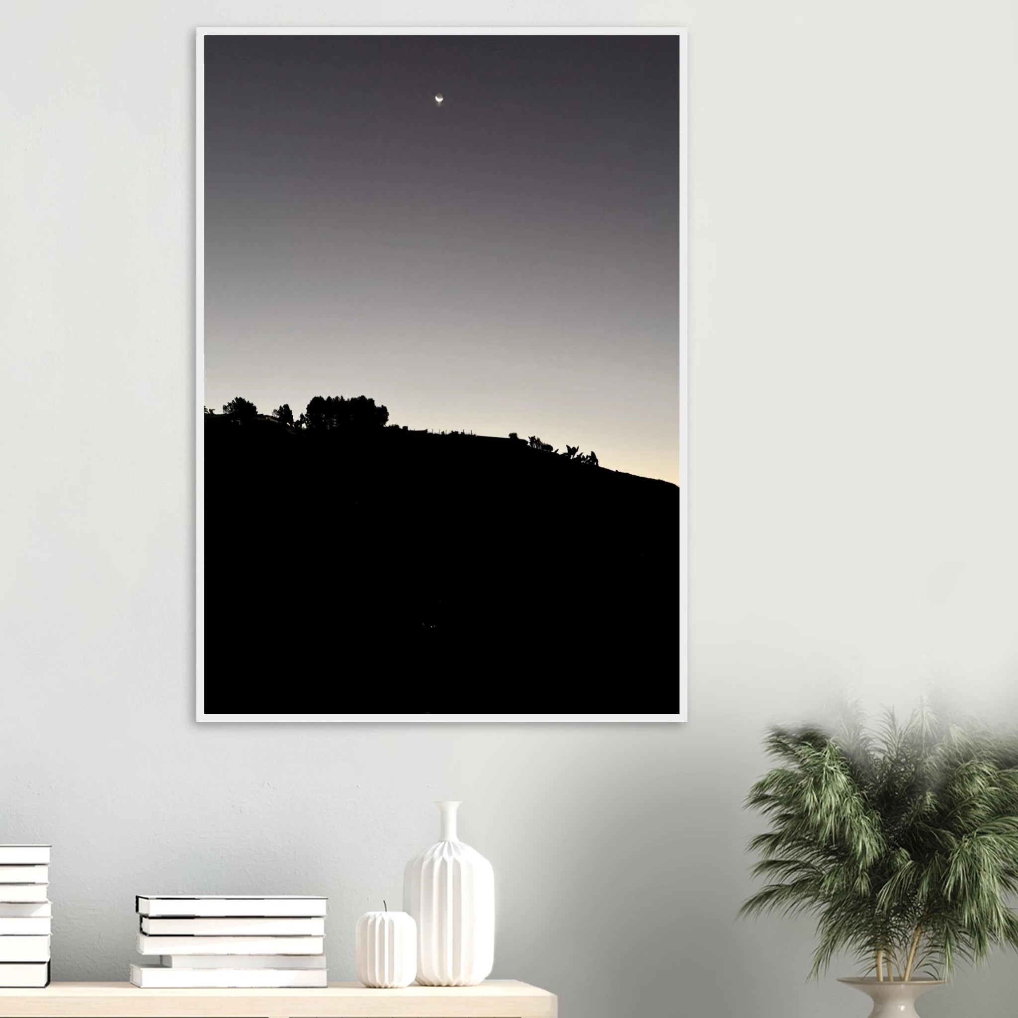 Black and white Hollywood Hills poster print with a wooden frame, part of the Fall New Moon series, Studio Edition.