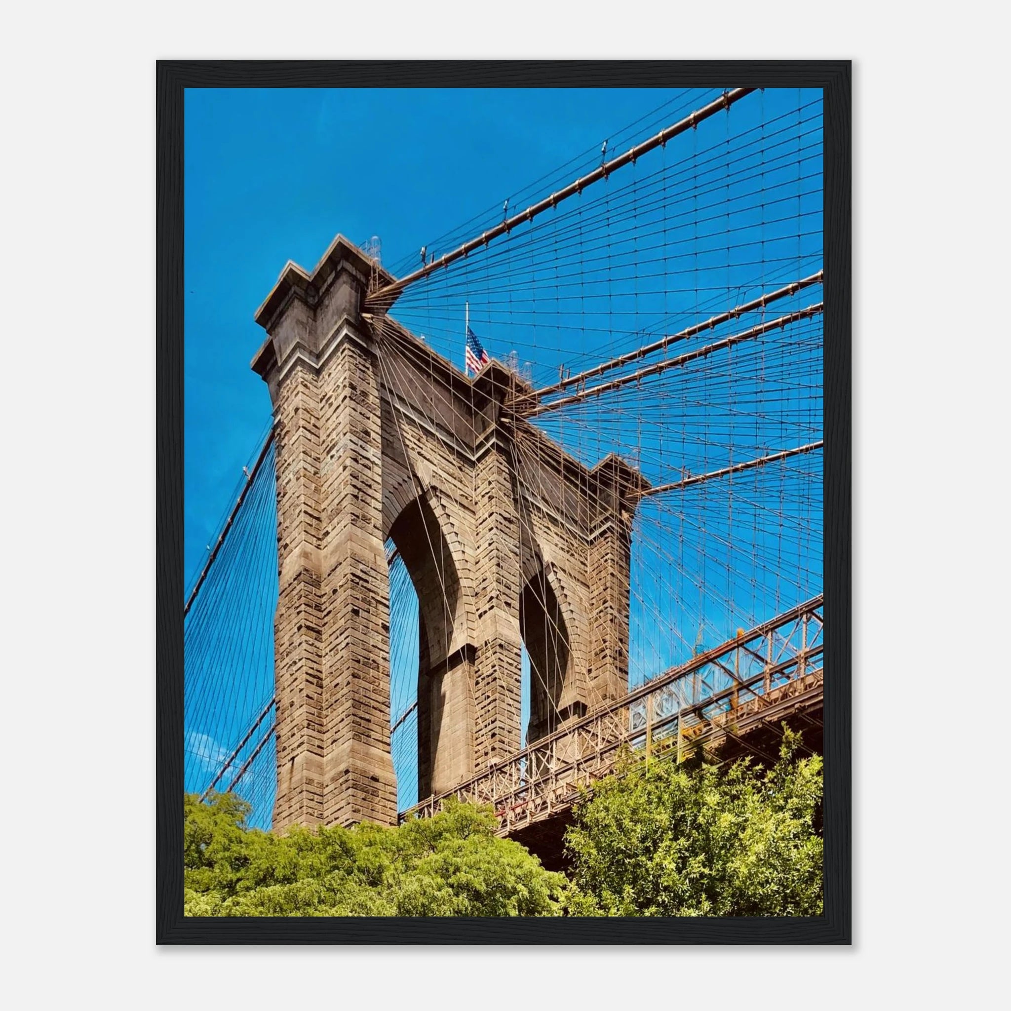 Framed print of the NYC Brooklyn Bridge with Dumbo view, showcasing a stunning summer cityscape in the Travel Collection.