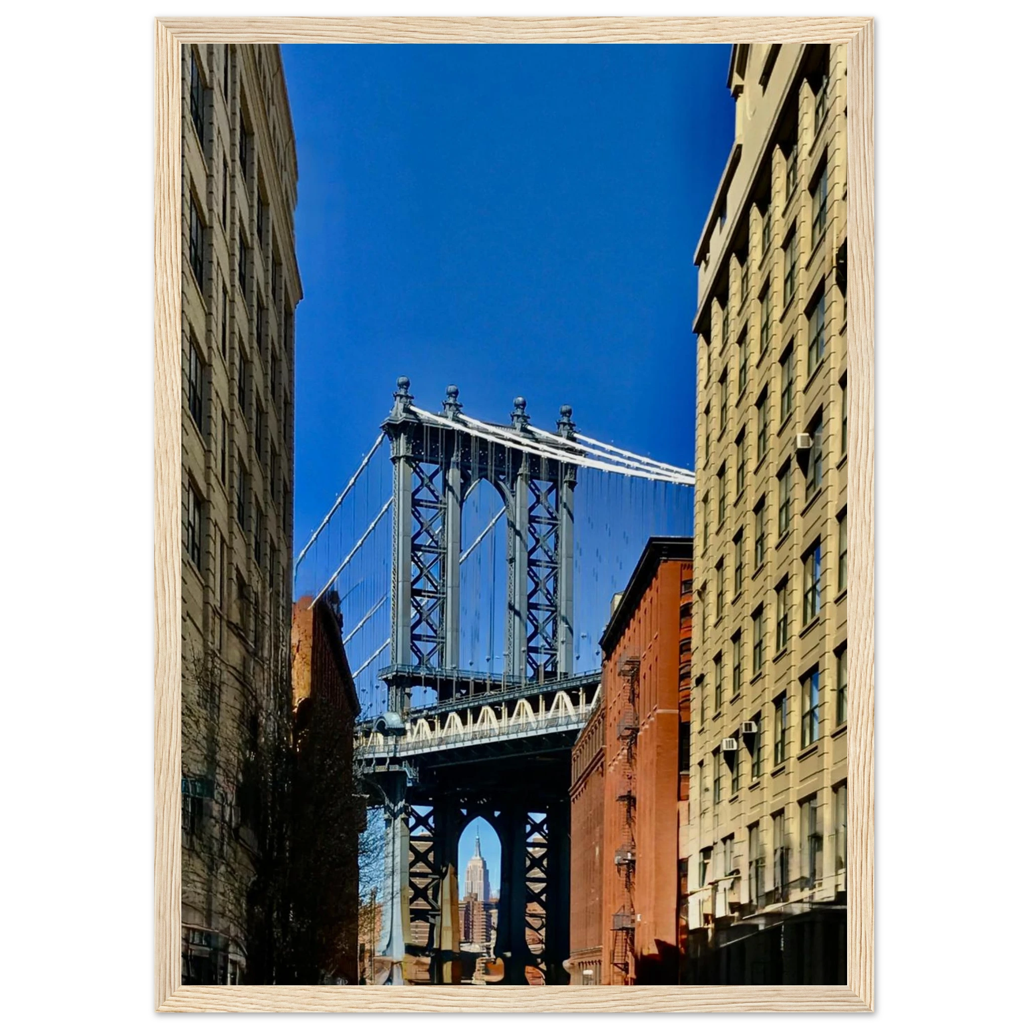 CaliCuration NYC DUMBO Skyline framed print Brooklyn wall art on high-quality print material, showcasing a vibrant cityscape image.