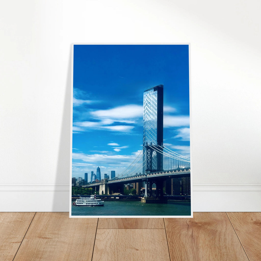 Framed NYC Manhattan Bridge and East River urban photography print by My Store, featuring iconic New York City skyline and bridge.