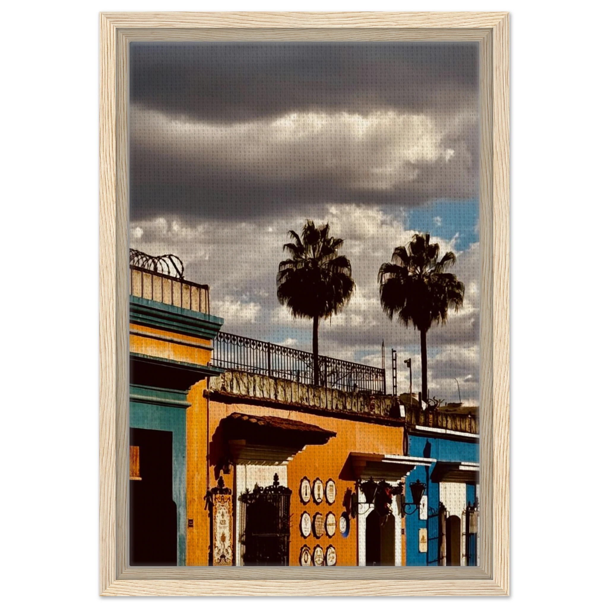 Oaxaca two palm trees framed canvas print from CaliCuration Mexico travel collection, Studio Edition, spring 2026.