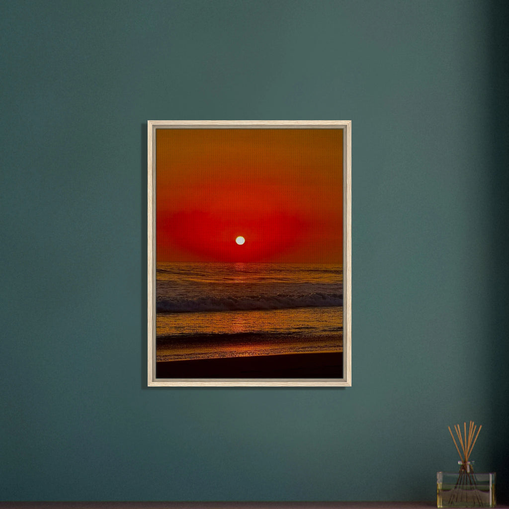 Framed canvas print of California Red Sunset Series 2/3 by CaliCuration, showcasing vibrant red sunset hues in a studio edition.