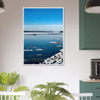 Wooden framed Hudson Valley winter poster print featuring snowy landscape, part of the Studio Edition holiday travel collection.