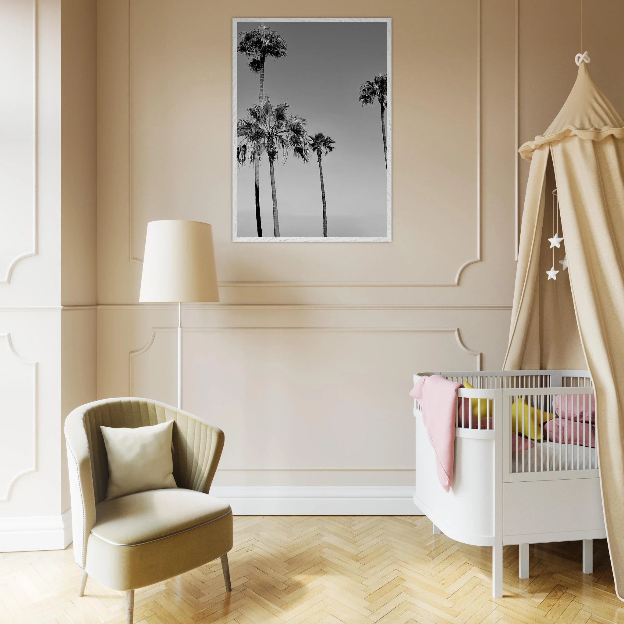 Premium wooden framed black and white California beach poster art in semi-gloss finish, showcasing SoCal icons.