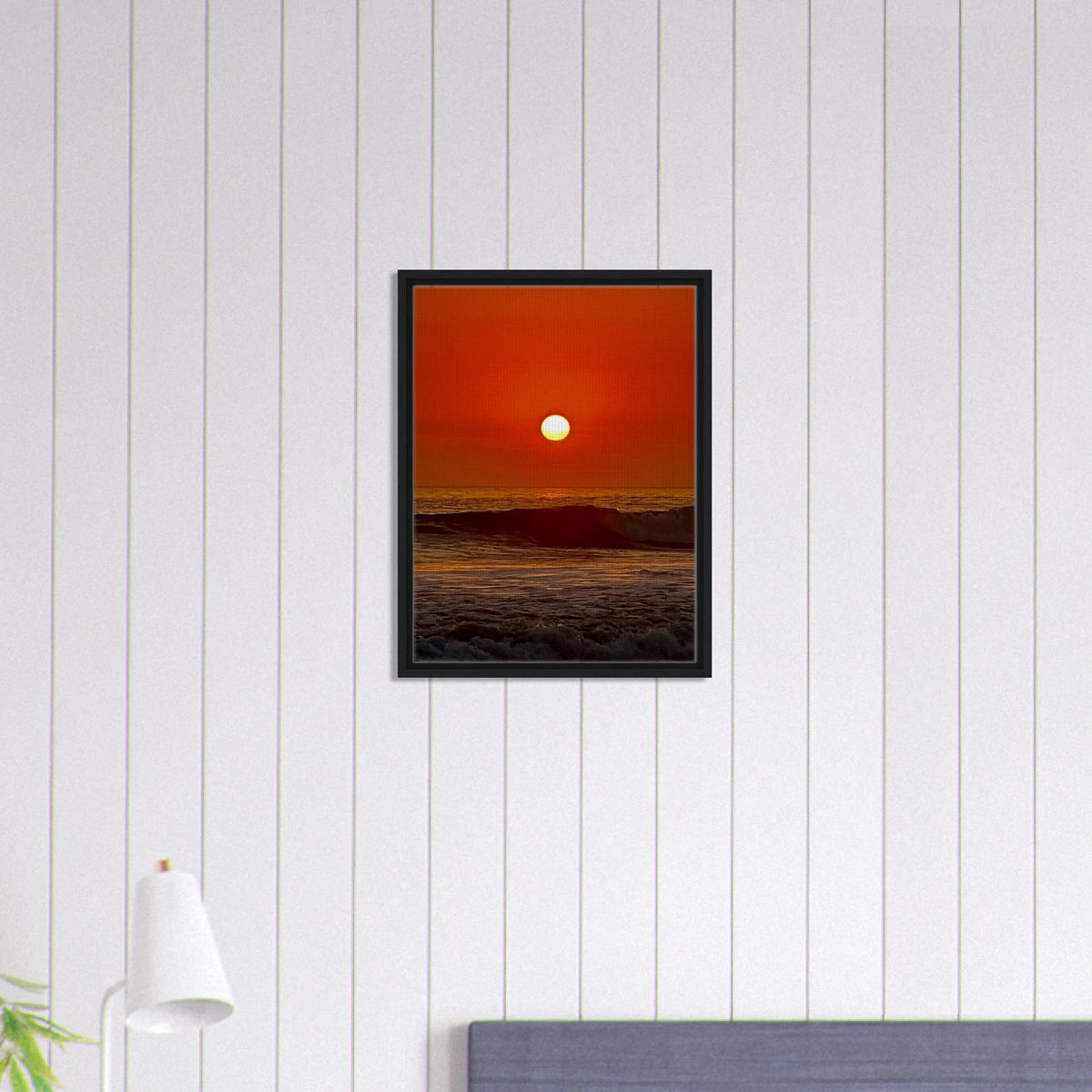Southern California Red Sunset framed canvas print by CaliCuration featuring vibrant sunset colors and scenic coastal view.