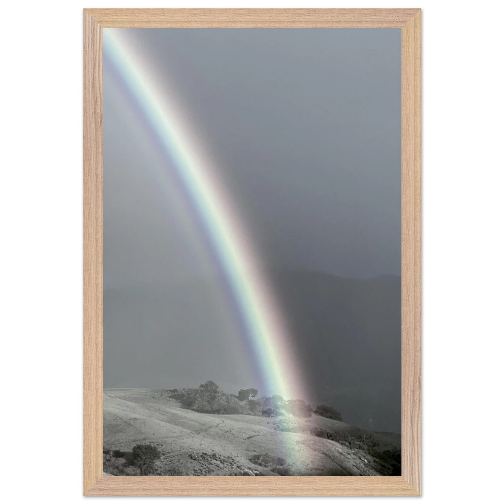 Black and white framed poster of a post-summer storm rainbow from the California Central Coast travel collection, spring 2026.