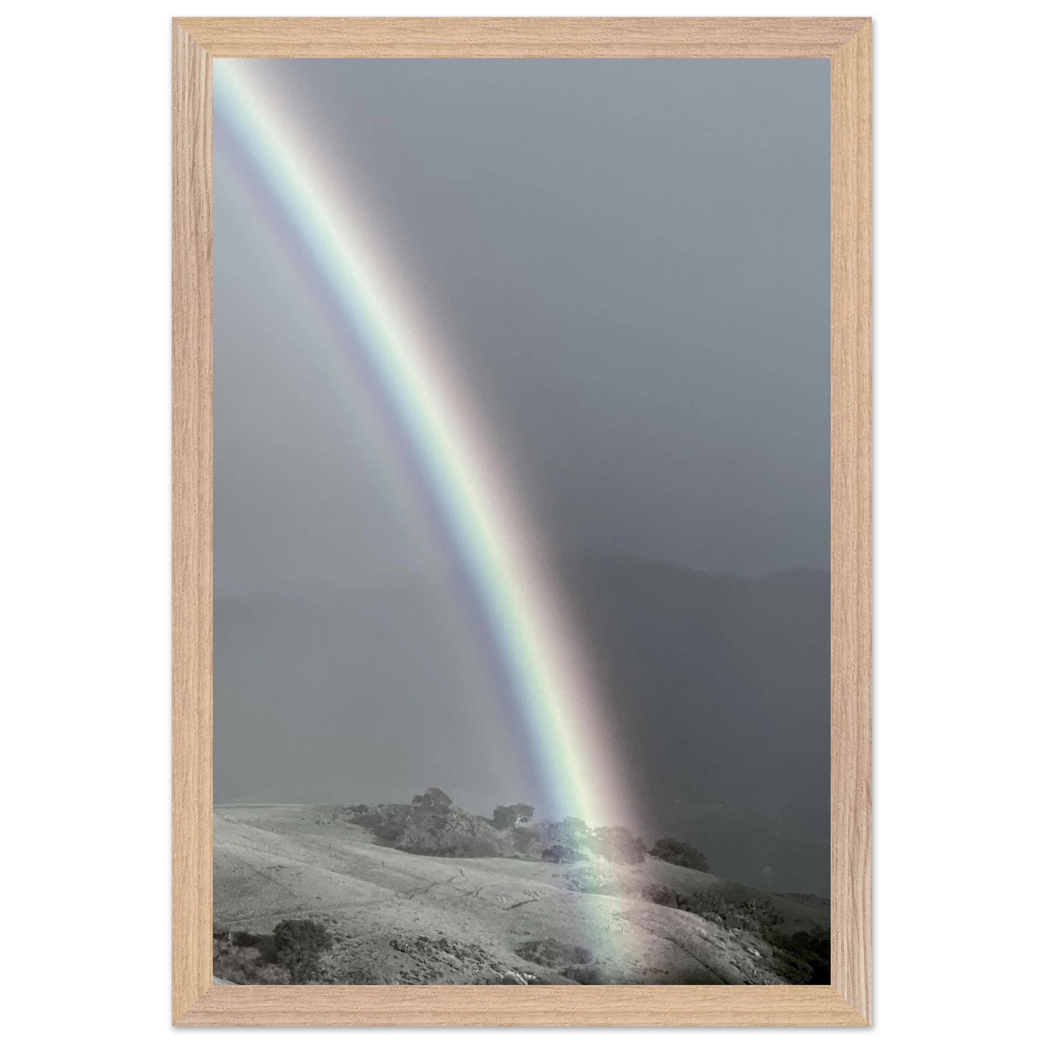 Black and white framed poster of a post-summer storm rainbow from the California Central Coast travel collection, spring 2026.