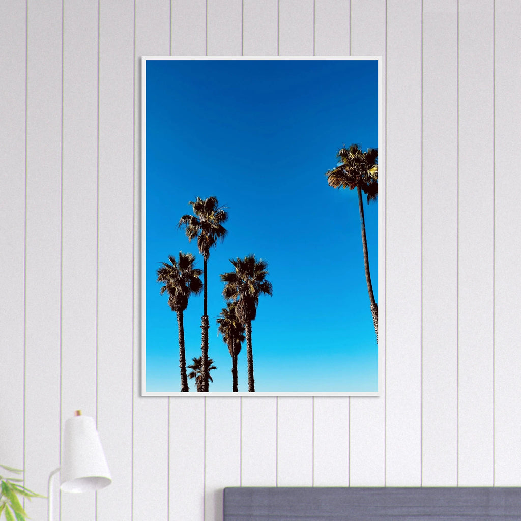 Wooden framed Santa Barbara Palm Tree poster by CaliCuration featuring California-themed home decor art, spring 2026 edition.
