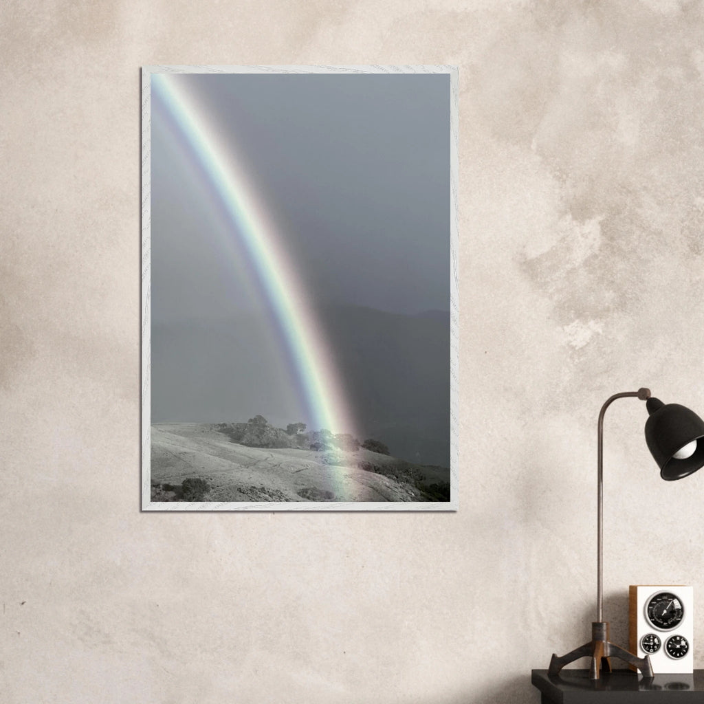 Black and white framed poster of a rainbow after summer storm, mounted on a wall, from My Store's California Central Coast travel collection.